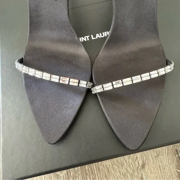 YSL SAINT LAURENT GLORIA SANDALS IN CREPE SATIN WITH RHINESTONES HEELS 90 - Picture 4 of 14